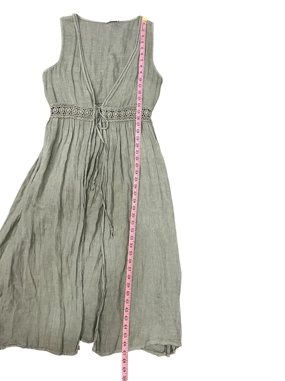 Francesca Bettina 100% linen sage long sleeveless duster with lace detail & tie - Picture 4 of 8